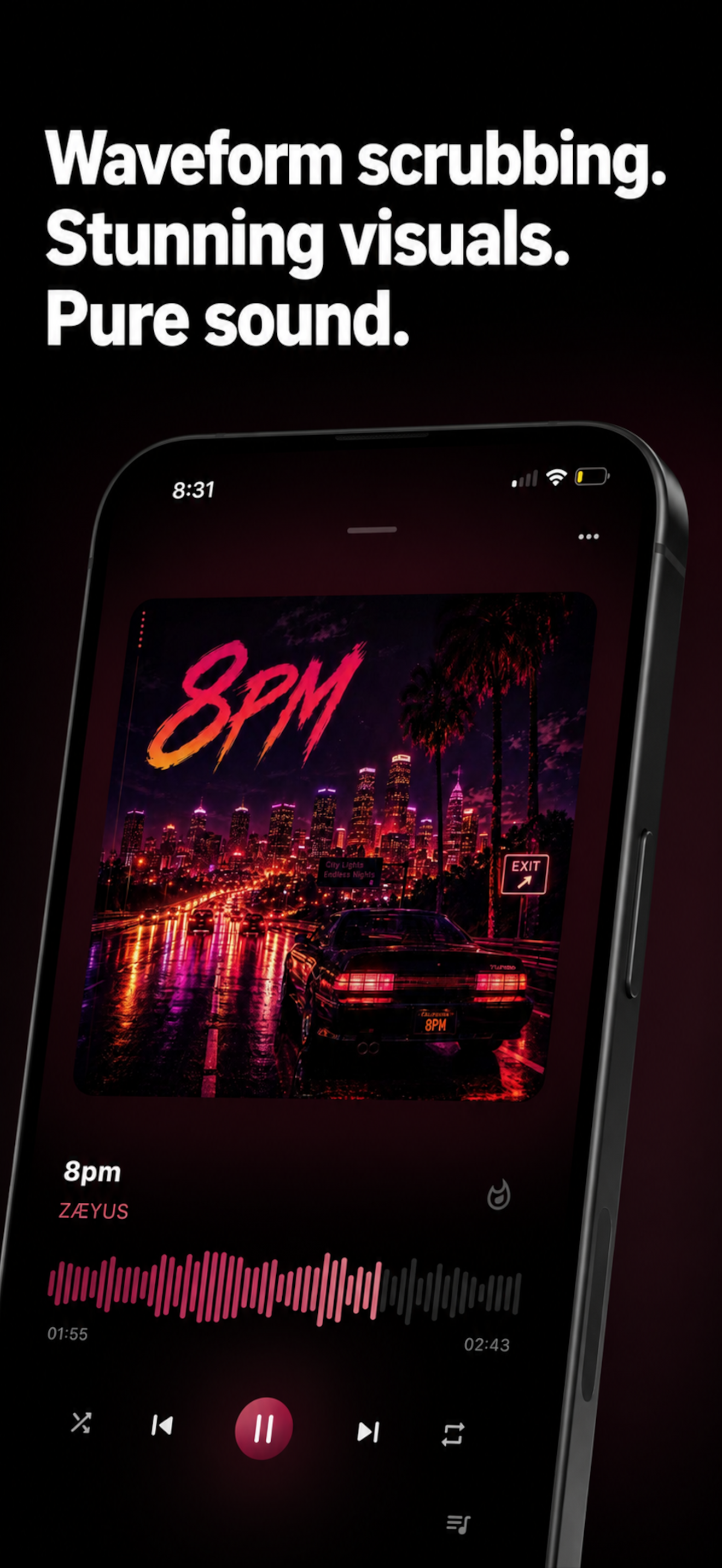 ViBE player showing 8pm by ZÆYUS with waveform scrubbing